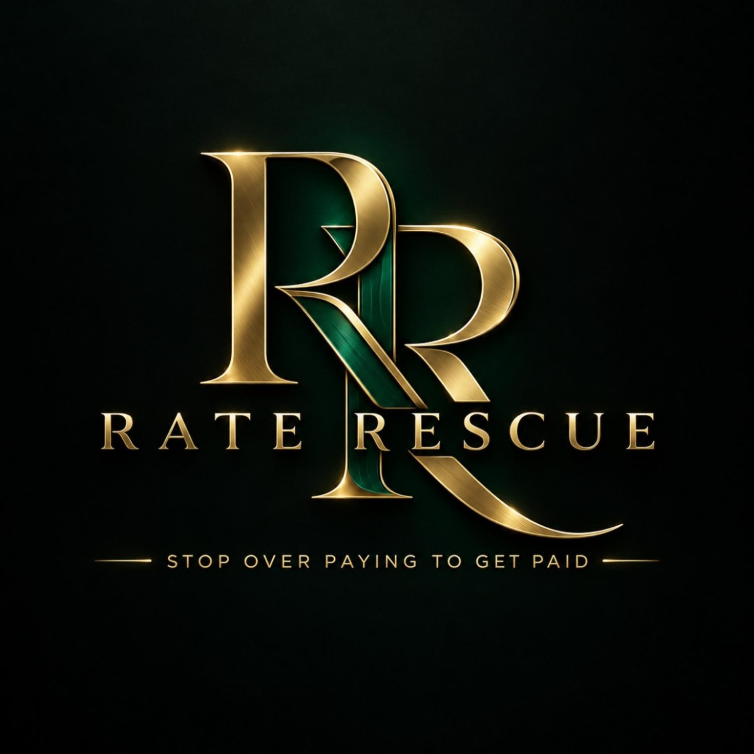 Rate Rescue gold and emerald interlocking RR logo